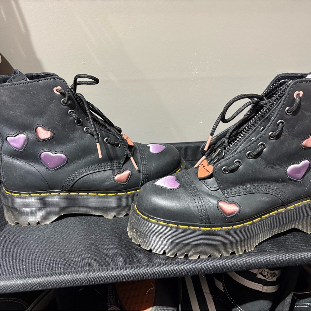 Dr. Martens Black Platform Boots with Pink and Purple Hearts
